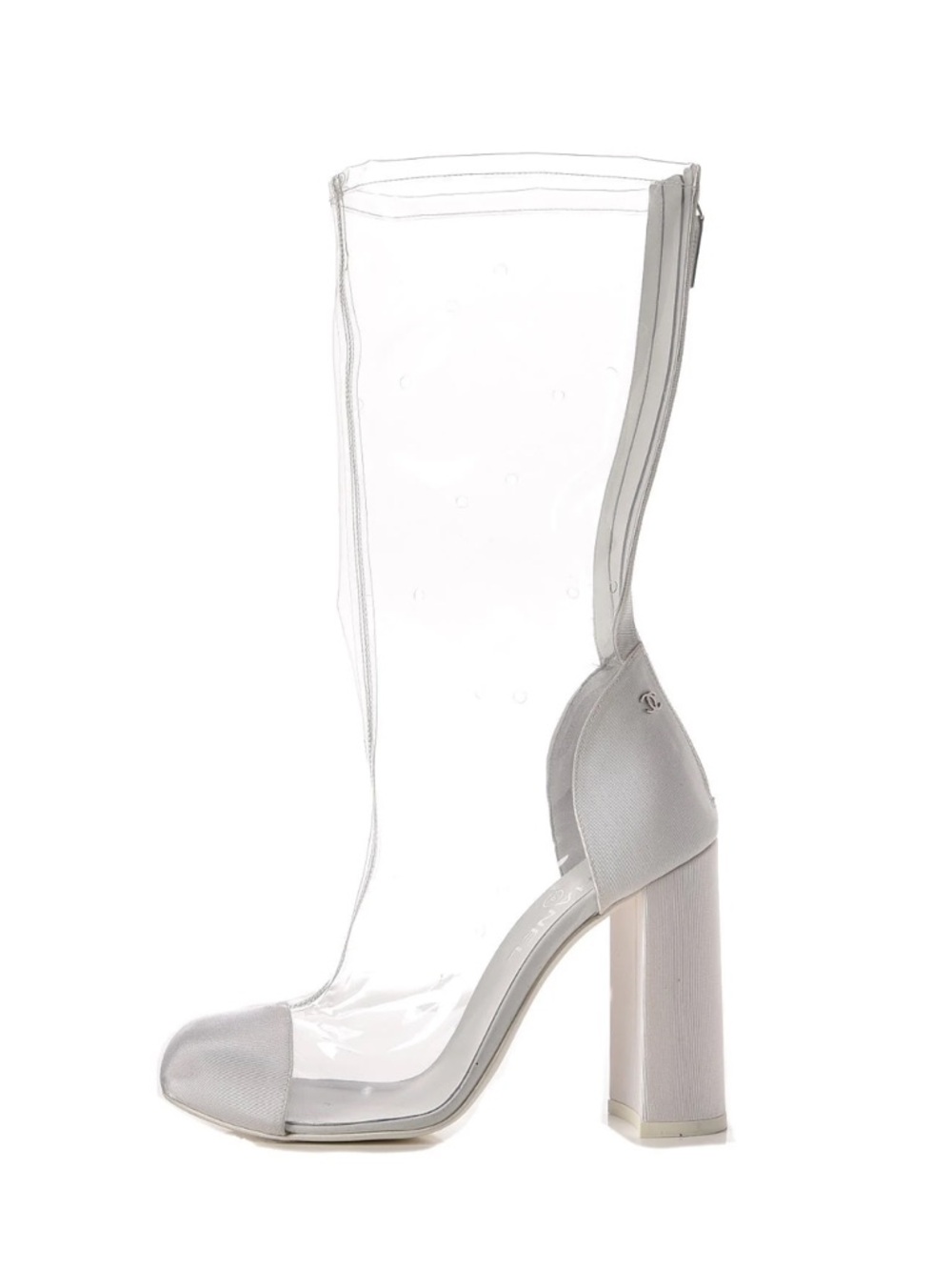 CHANEL PVC Grosgrain High Boots 38.5 Transparent White Block Heel Calf Zipper